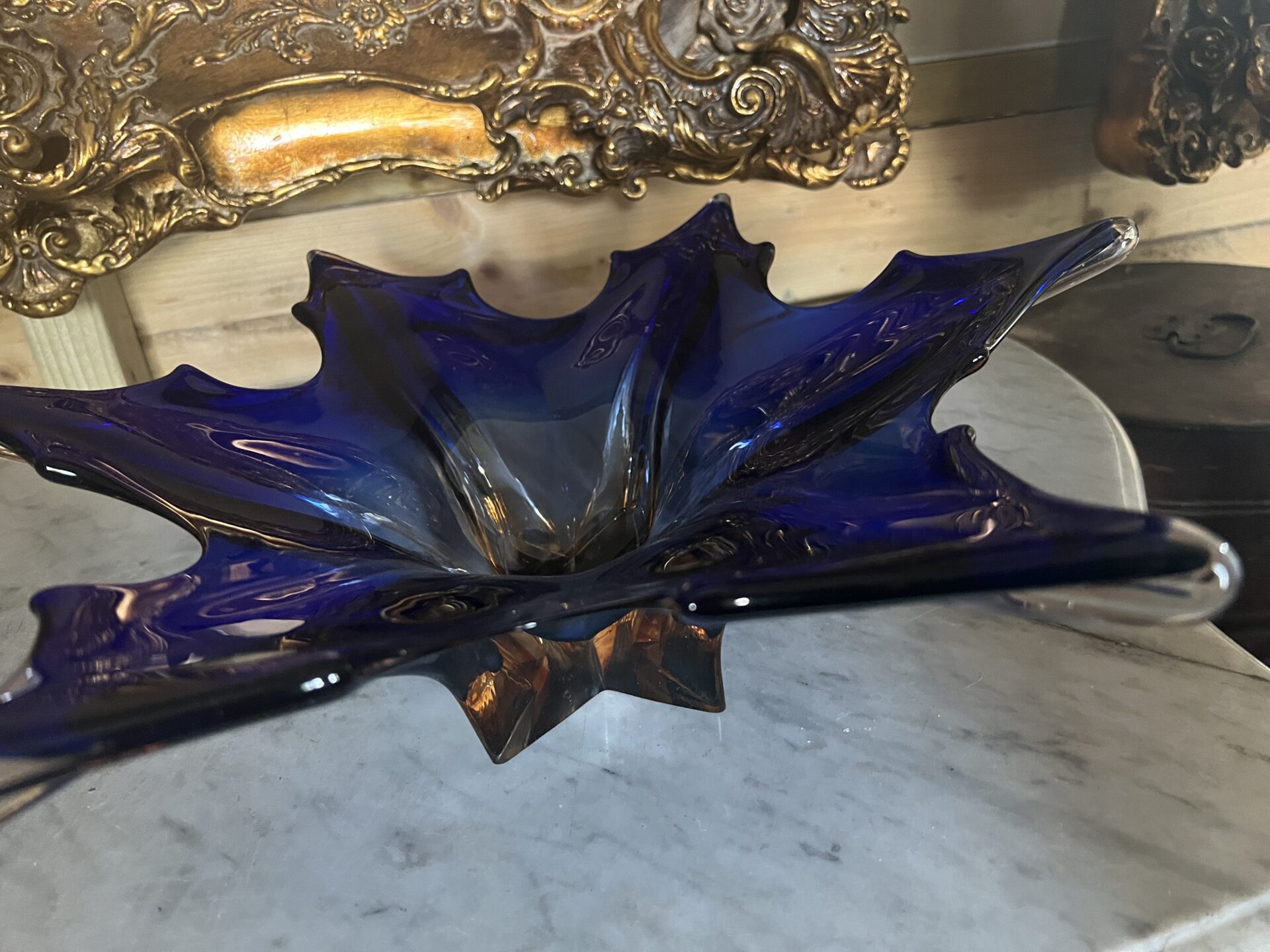 Large Vintage Murano Cristallo Venezia Sommerso Blue Star Shaped Bowl